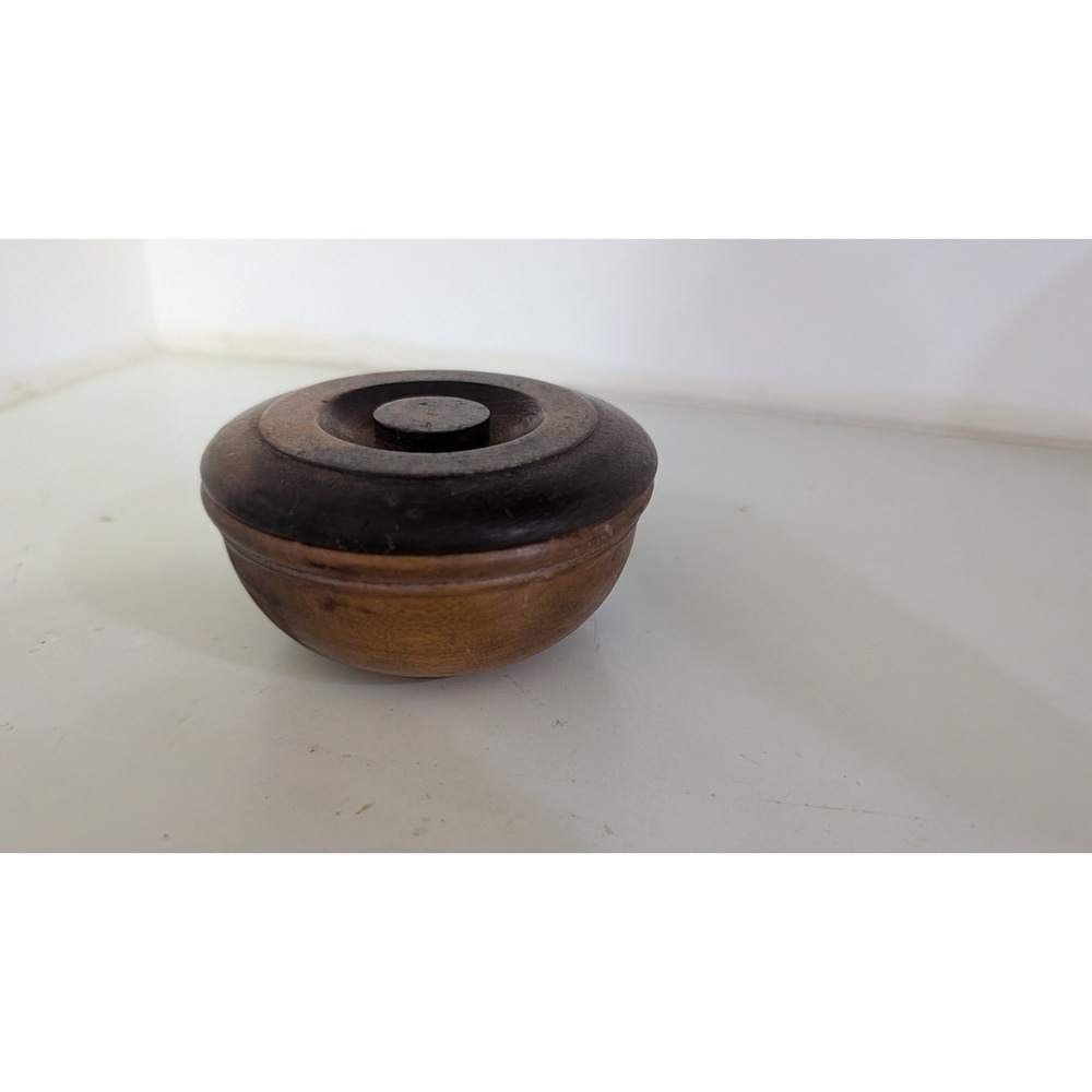 Vintage Hand Turned Wooden Trinket Box with Lid Small Round Decorative Bowl